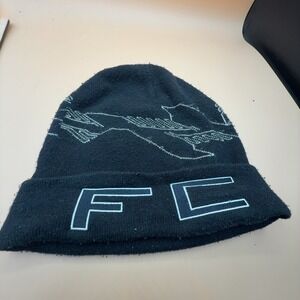 FC Knit Beanie Hat Black Light Blue Bird Graphic One Size